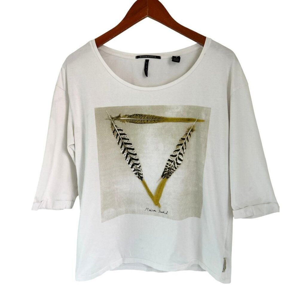 Maison Scotch Scoop-neck Tee 3/4 Sleeves Cotton Feather Design Size Med
